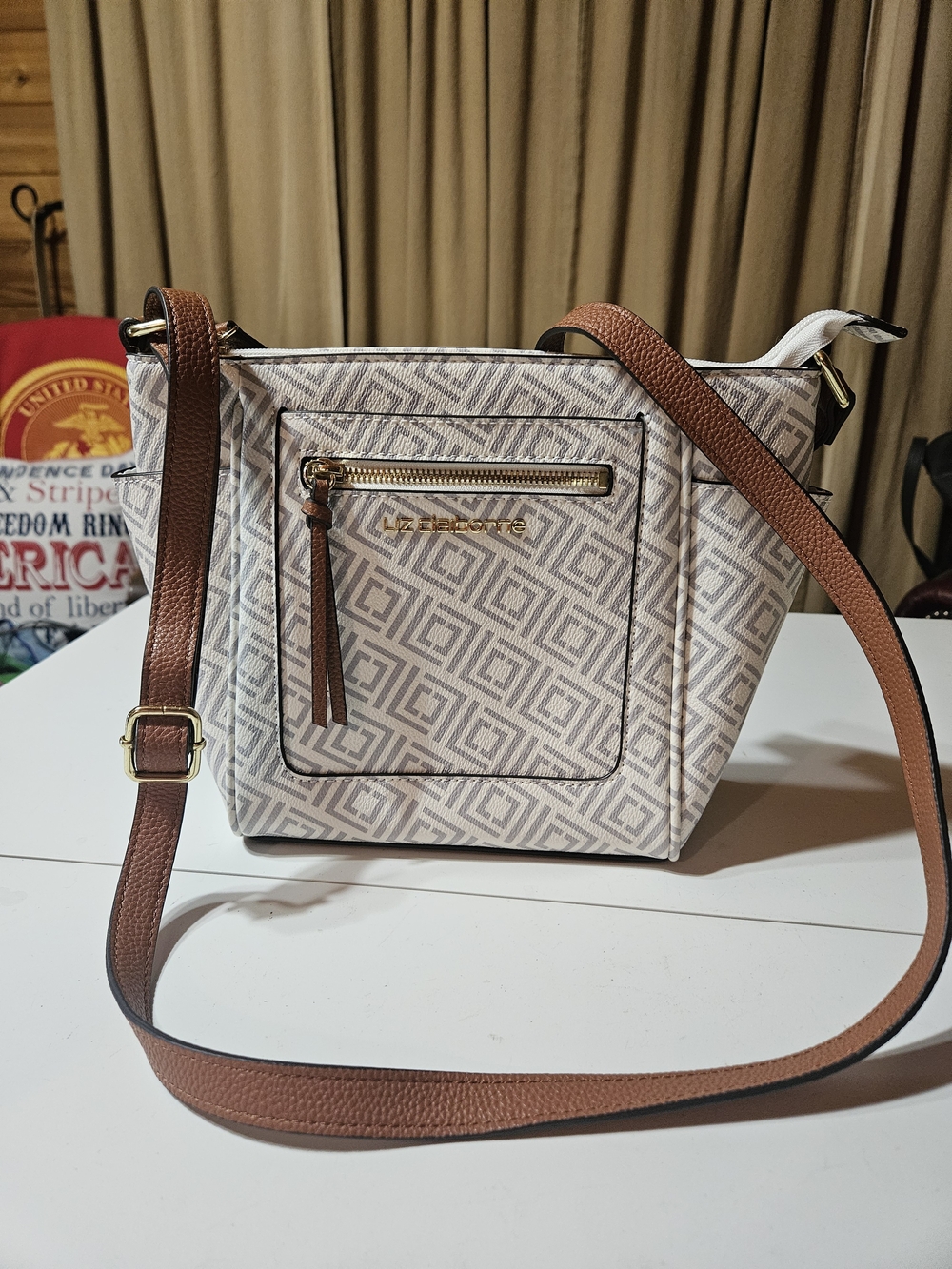 Liz Claiborne Cream And Brown Geometric Crossbody with Brown Strap